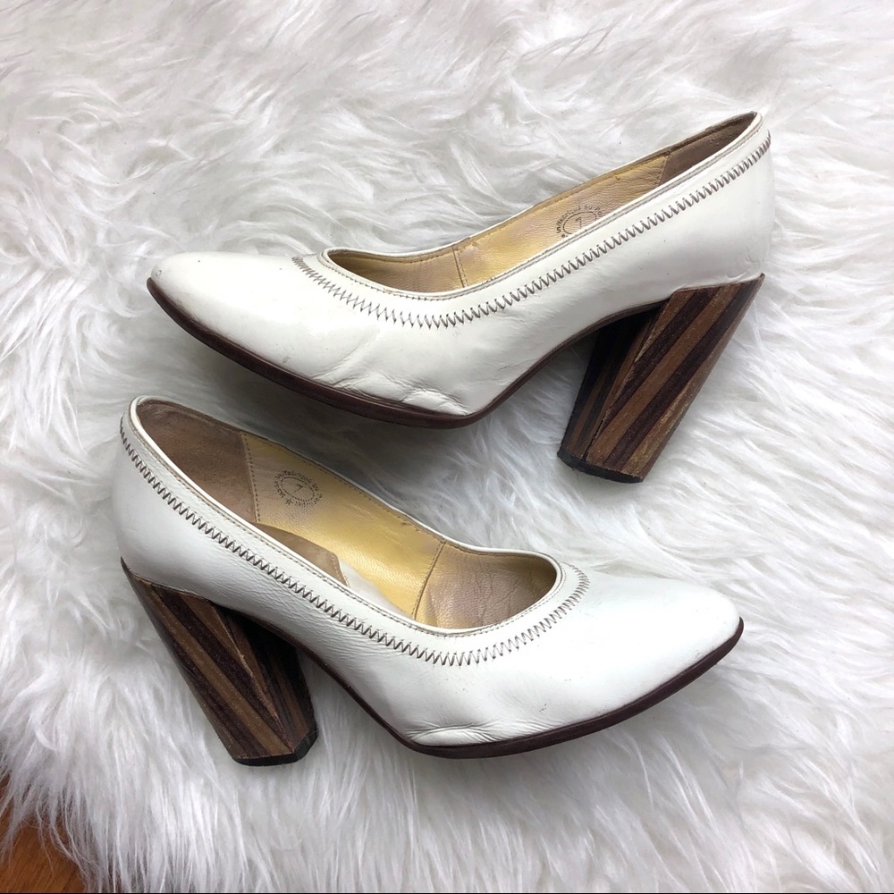 John Fluevog White Leather Pumps with Striped Wood Block Heels